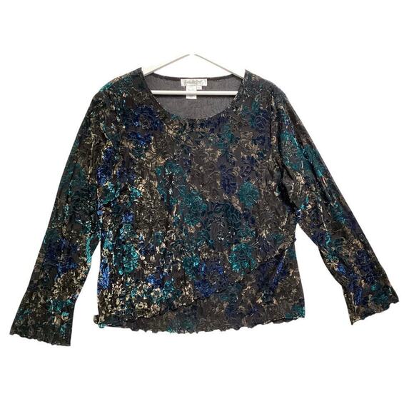Coldwater creek velvet burnout faux wrap flare long sleeve blouse L - Picture 2 of 6
